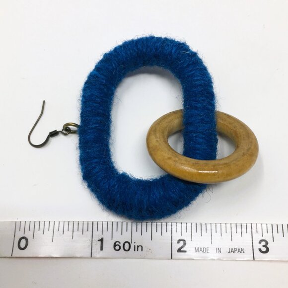 Handmade Oval Ocean Blue Wool Wrapped Chunky Wood Dangle Chain Earrings - Picture 8 of 11